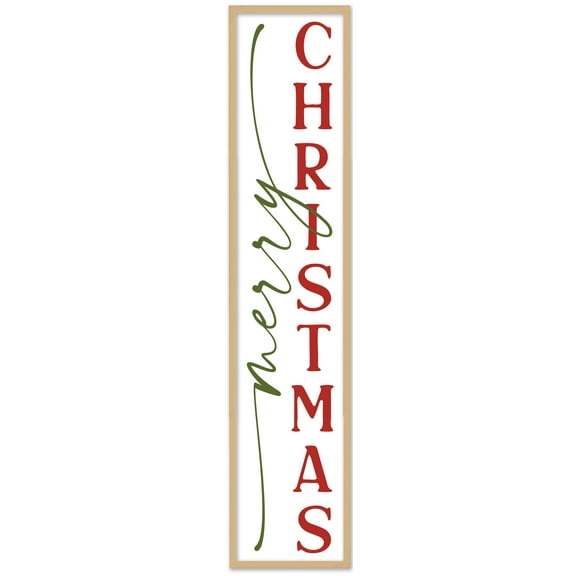 Merry Christmas Tall 10" x 43.5" Framed Christmas Wall Decor Art Print Sign Poster in a Natural