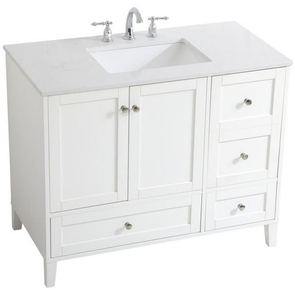 Pemberly Row Modern 42" Single Quartz Top Bathroom Vanity in White