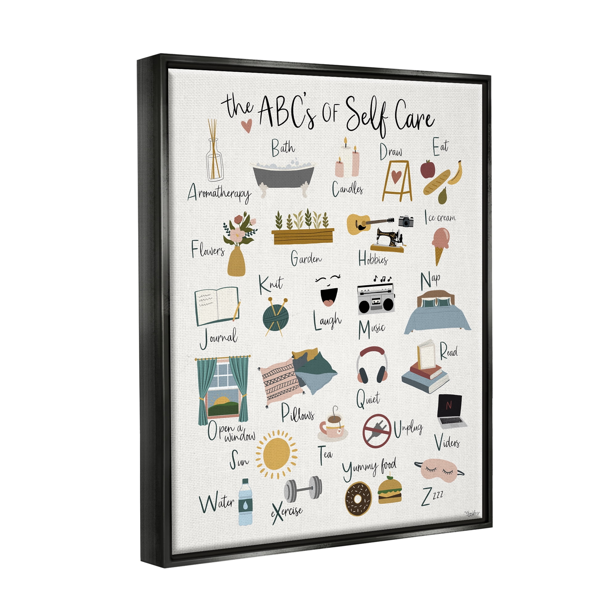 Stupell Industries ABC's of Self Care Adult Relaxation Alphabet Jet Black Framed Floating Canvas Wall Art, 24x30, by Gigi Louise