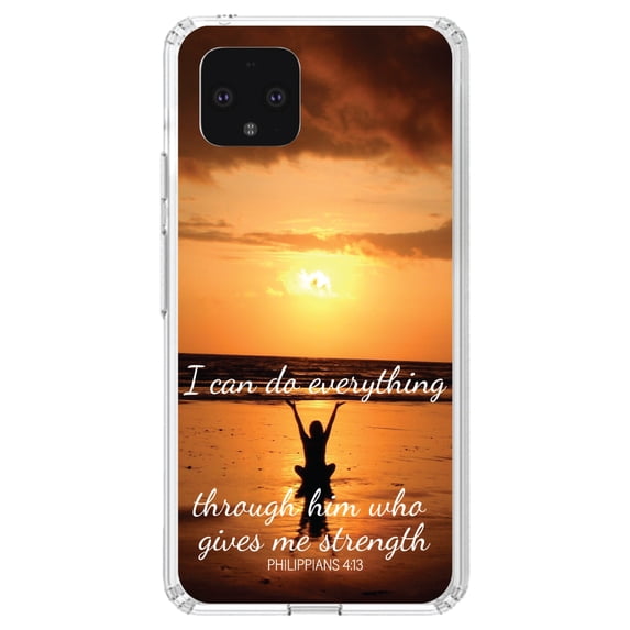 DistinctInk Clear Shockproof Hybrid Case for Google Pixel 4 (5.7" Screen) - TPU Bumper, Acrylic Back, Tempered Glass Screen Protector - Philippians 4:13 - Do everything through Him who gives strength