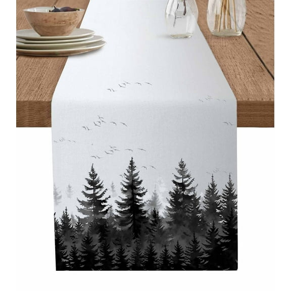 Black Mist Forest Table Runner 72 Inches, Retro Country Watercolor Tree Scenery Bed Runner Dresser Scarves Tabletop for Indoor Outdoor Parties/Ceremony/Banquet, 18" x 72"
