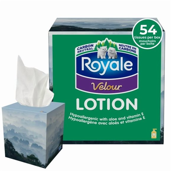 Royale Velours Lotion, Mouchoirs pour le Visage 3 Épaisseurs, 1 Boîte Cube, 54 Mouchoirs par Boîte, 54 Mouchoirs par Paquet