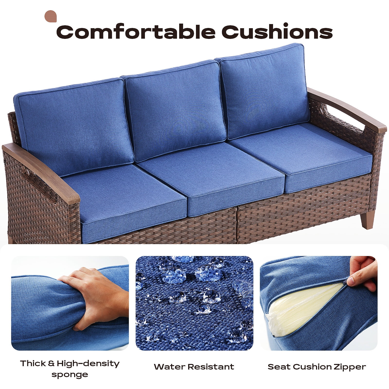 Bellefurn Wicker Patio Sofa Outdoor Couch,Patio 3 Seater Sofa Outdoor Rattan Furniture Sofa with Non-Slip Thick Cushions for Outdoor,Garden,Lawn,Backyard