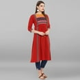 thumbnail image 5 of Janasya Indian Round Neck 3/4 Sleeve Floral Print Red Poly Crepe Kurta For Women, 5 of 8