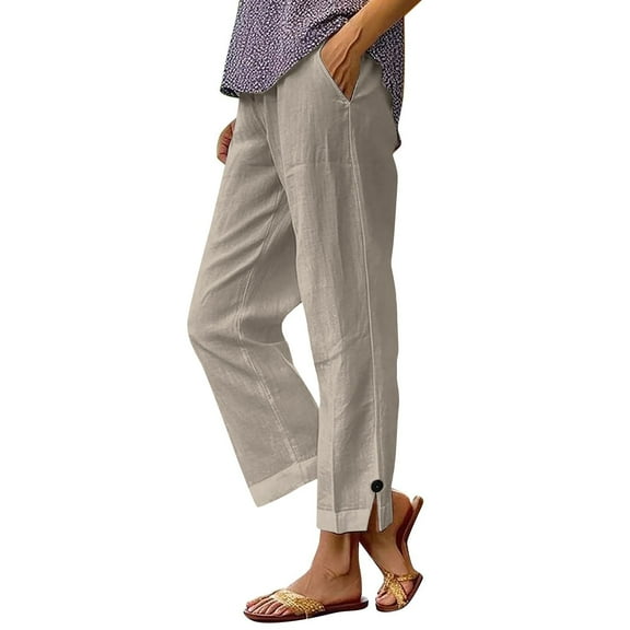 DPTALR Women's Summer Casual Elastic Waist Linen Straight Leg Capri Pants with Pockets,Khaki,Size L