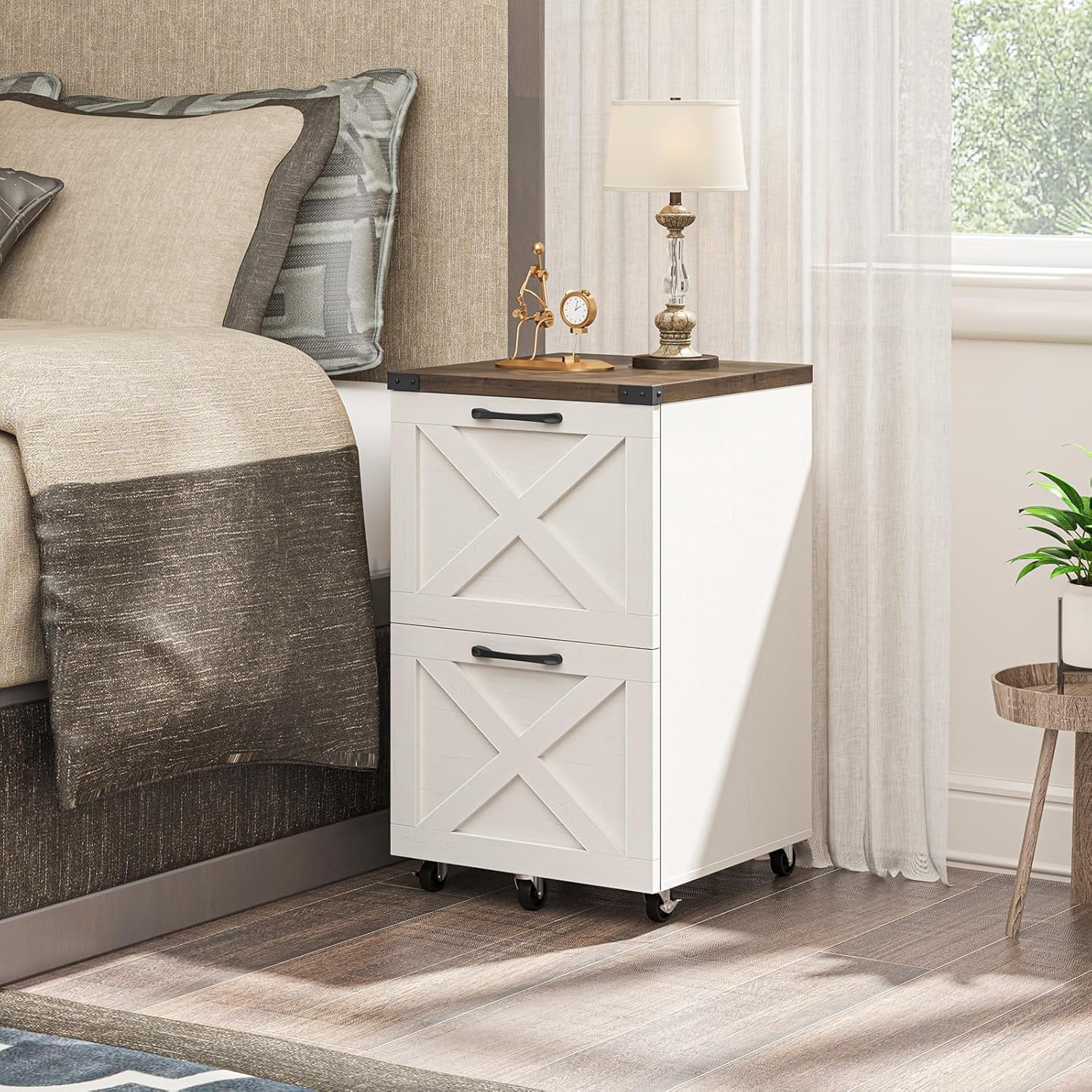 Conate 2 Drawer Rolling Wood File Cabinet with Lockable Wheels, Portable Vertical Filing Cabinet  for Home Office, Wooden Printer Stand