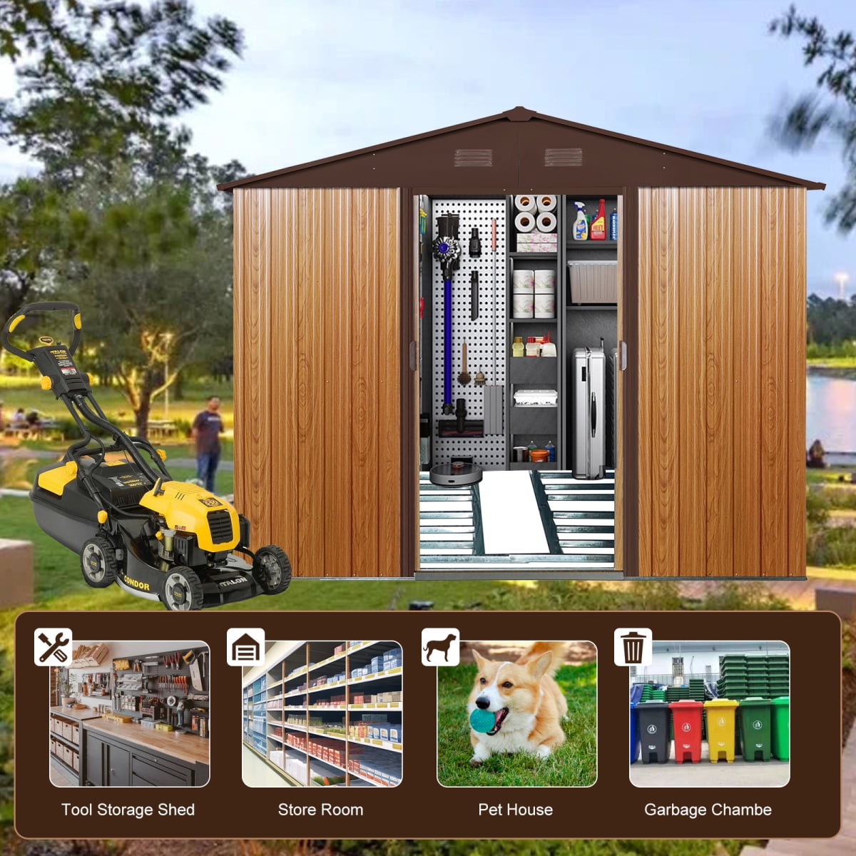 Miekor Furniture 8ft x 10ft Outdoor Metal Storage Shed with Metal Floor Base,Coffee B5A5355