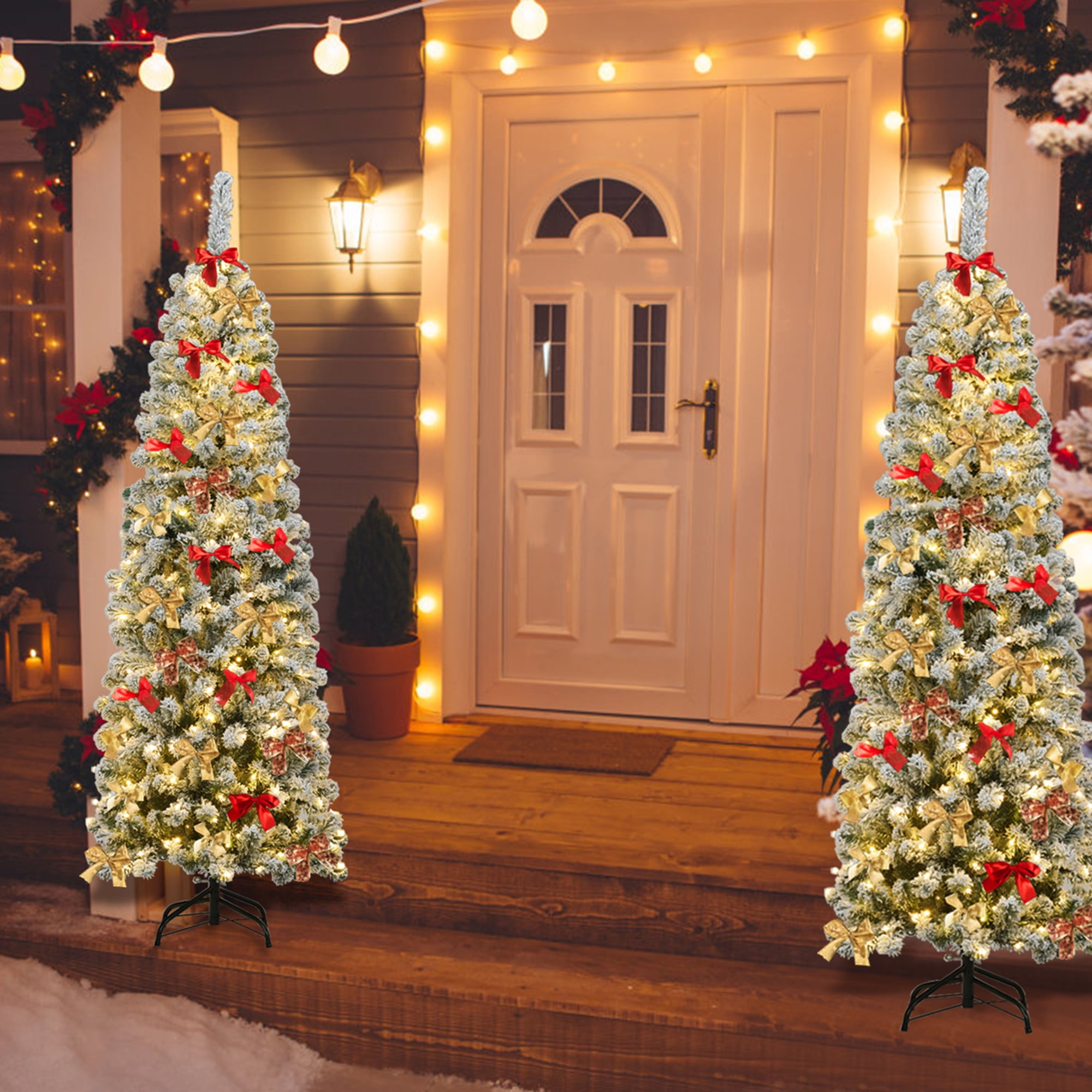 Gymax 6ft Pre-lit Pencil Snow Flocked Pencil Christmas Tree Holiday Decoration