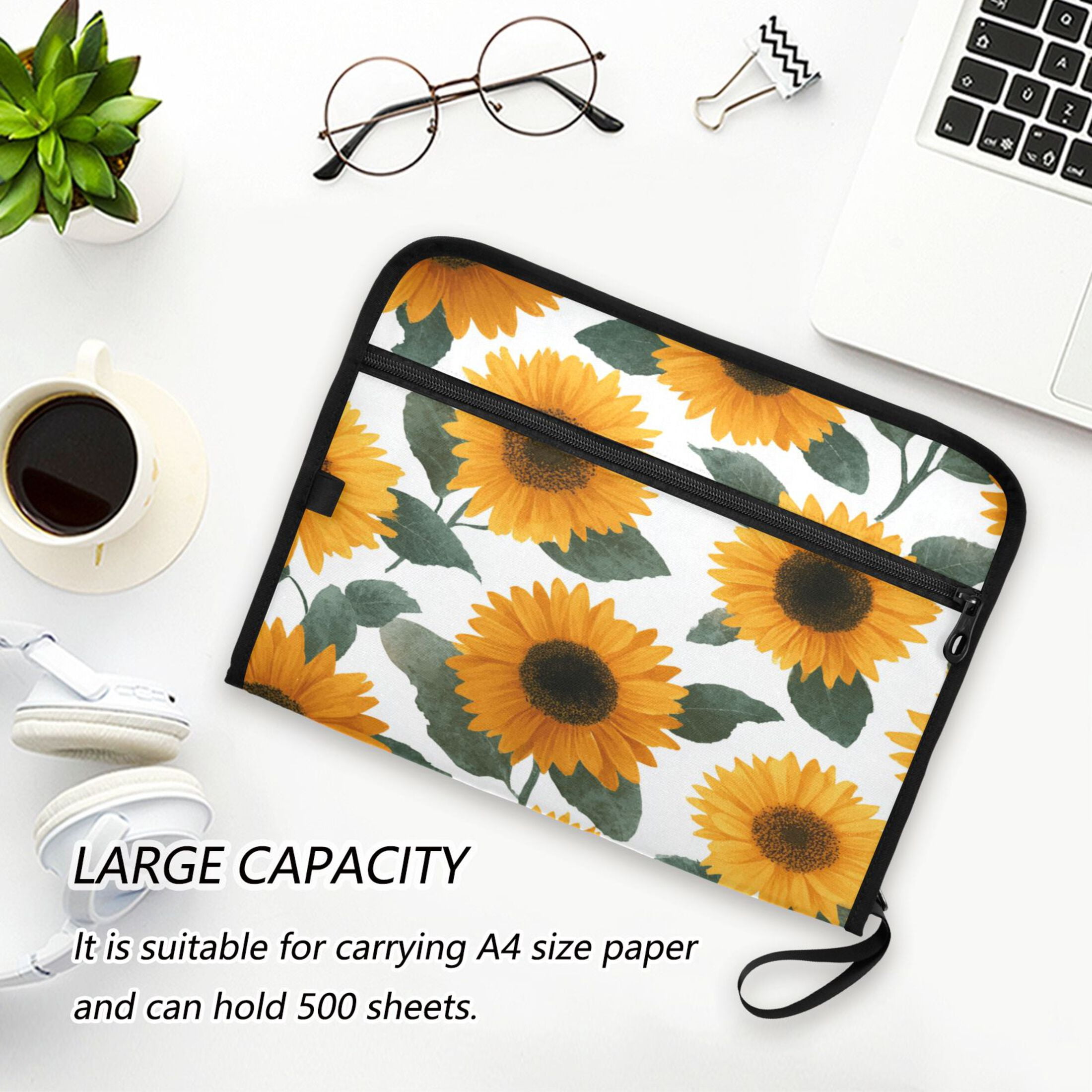 Accordion File Organizer with Zip Closure 13 Pockets Expanding File Folder Letter A4 Paper Document Organizer for Home Office Orange Sunflowers