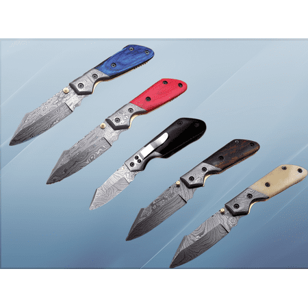 Lot of 5 Pieces 8 Long Folding Knife with Pocket Clip Hand Forged Damascus Steel 4 Blade. 5 Colors Scale with Damascus Bolster Cow Hide Leather Sheath Included with Belt Loop