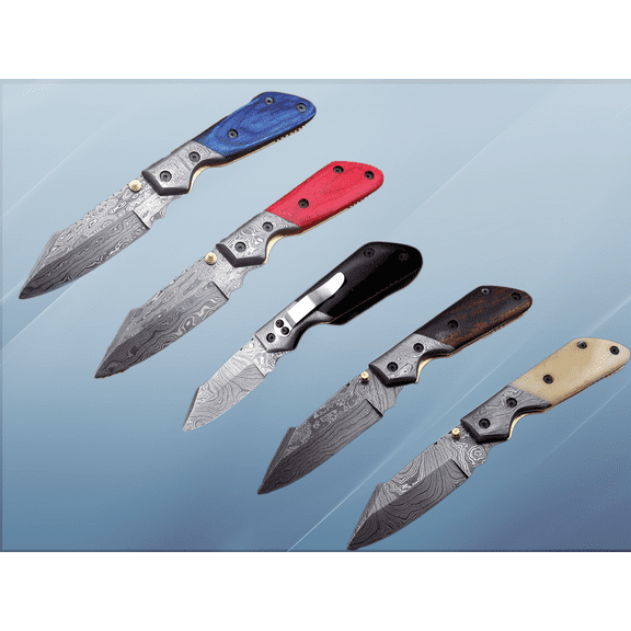 Lot of 5 Pieces 8" Long Folding Knife with Pocket Clip, Hand Forged Damascus Steel 4" Blade. 5 Colors Scale with Damascus Bolster, Cow Hide Leather Sheath Included with Belt Loop
