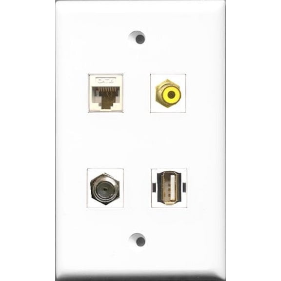 RiteAV 1 Port RCA Yellow and 1 Port Coax Cable TV- F-Type and 1 Port USB A-A and 1 Port Cat6 Ethernet White Wall Plate
