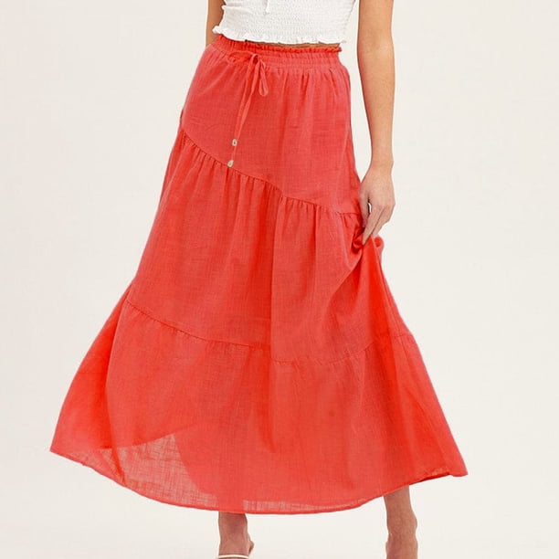 Falda De Verano Falda larga informal para mujer, traje de vacaciones de estilo bohemio de algodón de línea A (rojo L) Cgtredaw Para estrenar