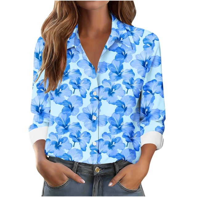 Camisa Impresa Casual de Manga Larga de las Mujeres con Cuello con Botones para el Trabajo Diario de Viajes