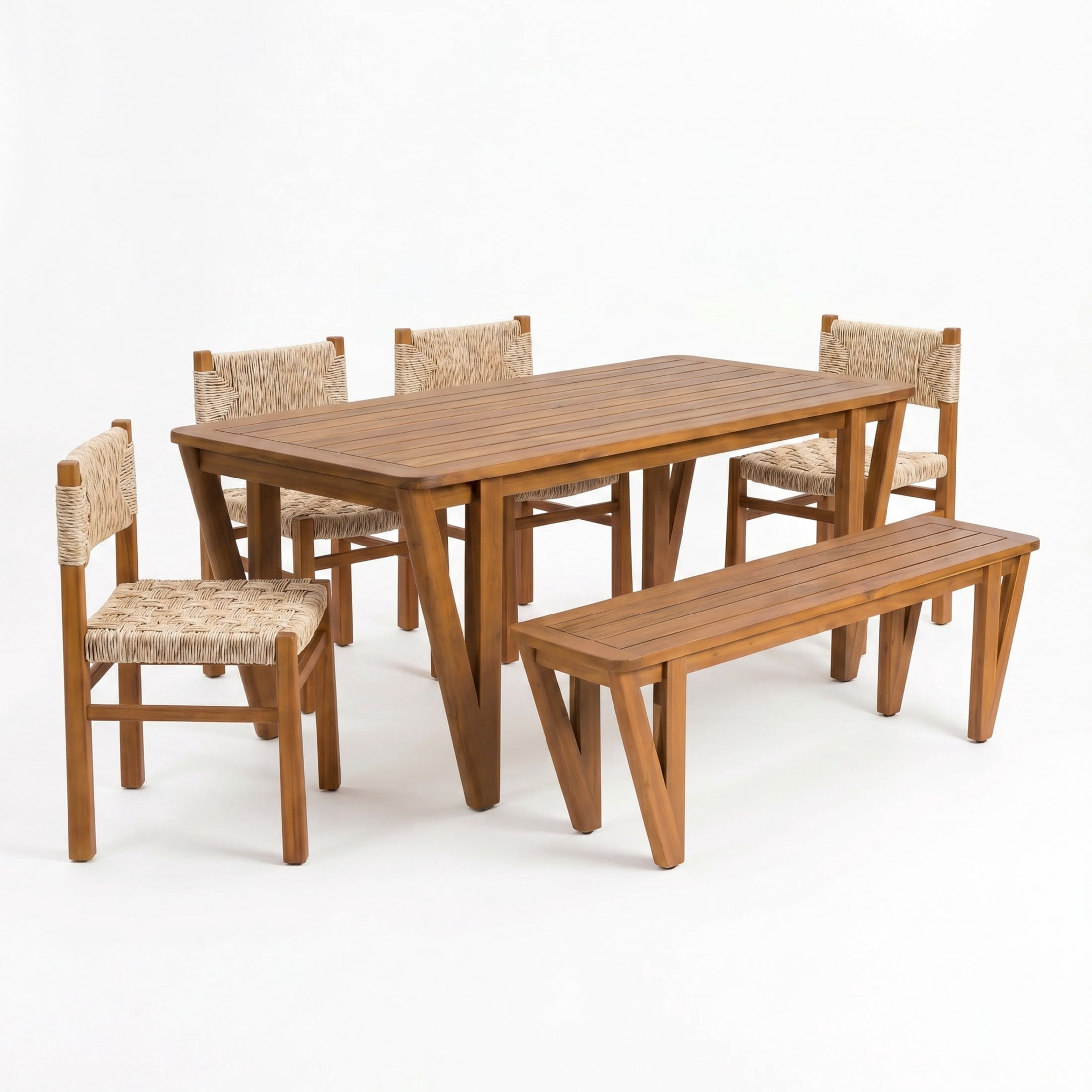 Christopher Knight Home 6-Piece Acacia Wood Patio Dining Table, Bench & Wicker Chairs for 6, Light Gray