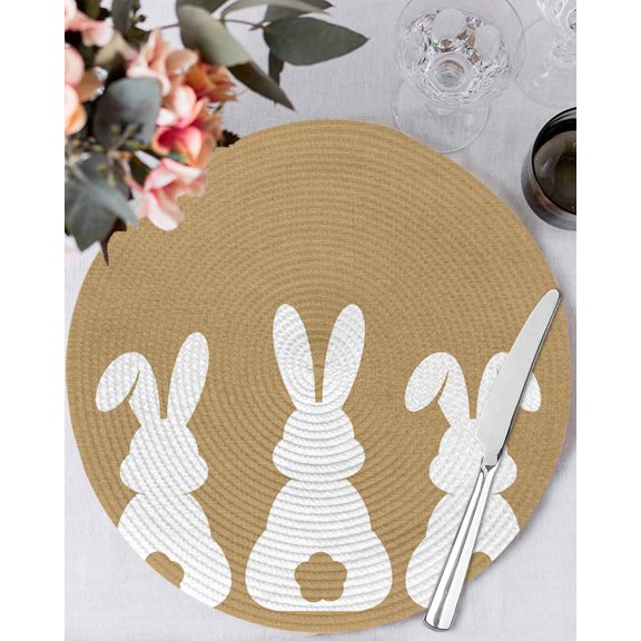 13 Inch Round Placemats Set of 4, Easter Bunny Non Slip Heat Insulation PP Table Mats, Cute Rabbit Family Vintage Brown Abstract Washable Place Mats for Kitchen Dining Party Table Decor