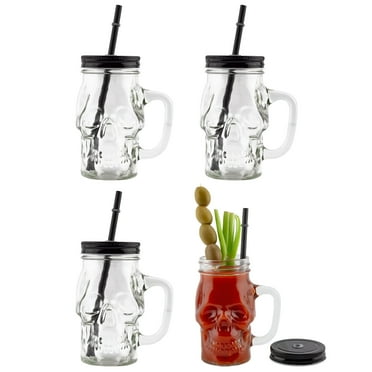 Darware Skull Mason Jar Mugs (Set of 4); Clear 12oz Glasses with Reusable Straws / Halloween Mugs