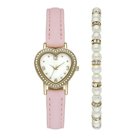 Folio Womenโs 2pc Watch & Bracelet Set; 28mm Heart Case, Pink PU Leather Strap, Silver, FMDAL1225