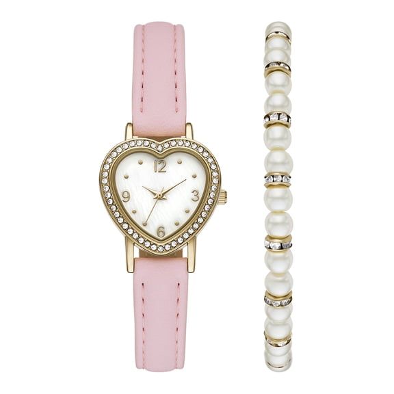 Folio Women’s 2pc Watch & Bracelet Set; 28mm Heart Case, Pink PU Leather Strap, Silver, FMDAL1225