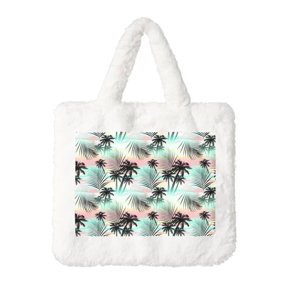 Salouo Tropical Summer Palm for Plush Underarm Bag,Soft Tote Bag Ladies Fluffy Shoulder Bag Women Furry Tote Bag Plush Handbag for Autumn and Winter