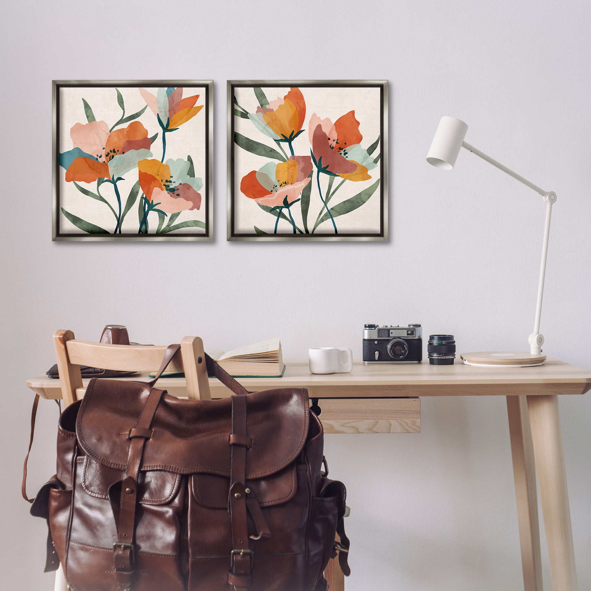 Stupell Industries Summer Bouquet Modern Abstract Botanical & Floral Painting Gray Floater Framed Canvas Art Print Wall Art, 18 x 18, Set of 2