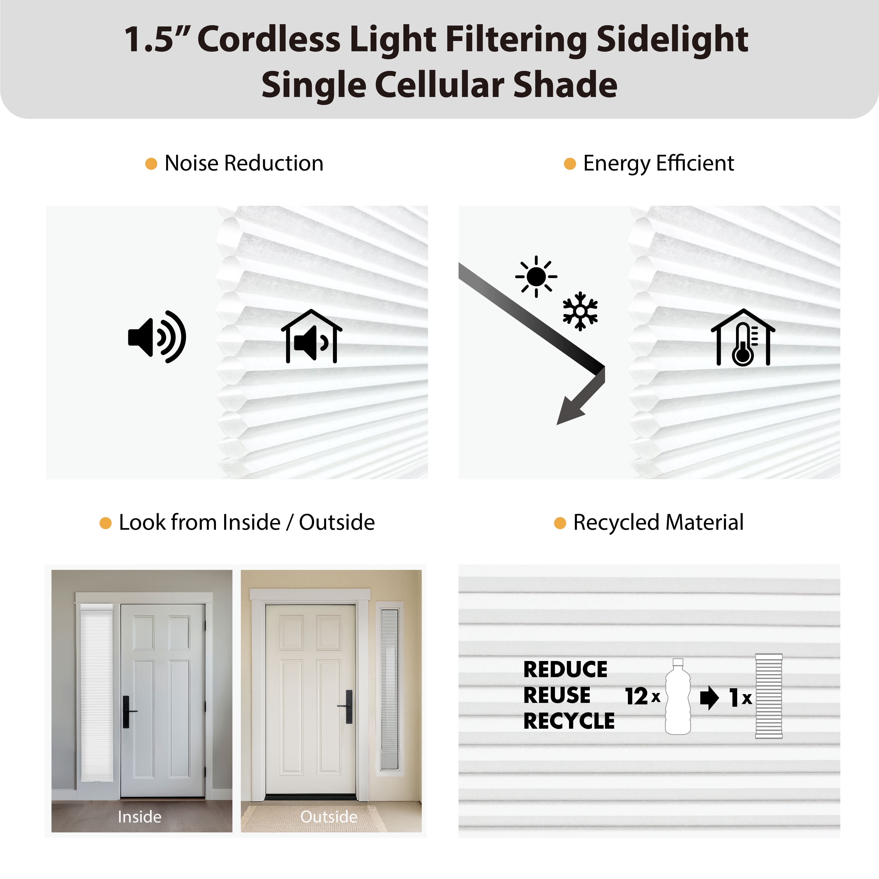 Regal Living Cordless 1.5" Light Filtering Cellular Sidelight Shade, White - 10.75 in. W x 72 in. L