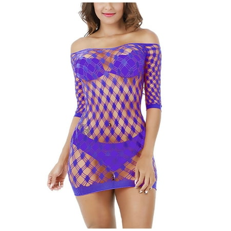 Odeerbi Fishnet Lingerie Set for Women 2025 Sexy Seamless Mesh Netting Chemise Hollow Out Perspective Babydoll Dress Sleepwear Nightwear Nightdress Purple