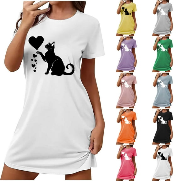 Aboser Petite Nightgowns for Women Cute Cat Graphic Nightdress Short Sleeve Crewneck Sleepwear Comfort Soft Short Pajama Dress Casual Loose Fit Lounge Night Gown