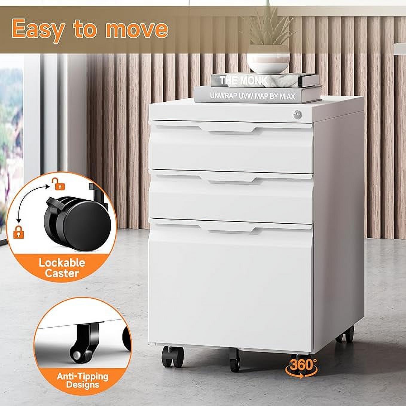 TOPASS 3-Drawer Mobile File Cabinet, Under Desk Storage, Office Metal Cabinet，Requires installation，White