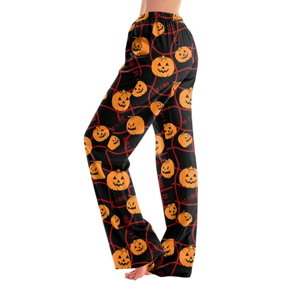 Domzest Womens Halloween Pajama Pants Pumpkin Ghost Bat Graphic Drawstring Elastic Waisted Pj Bottoms Funny Wide Leg Sleepwear Orange M
