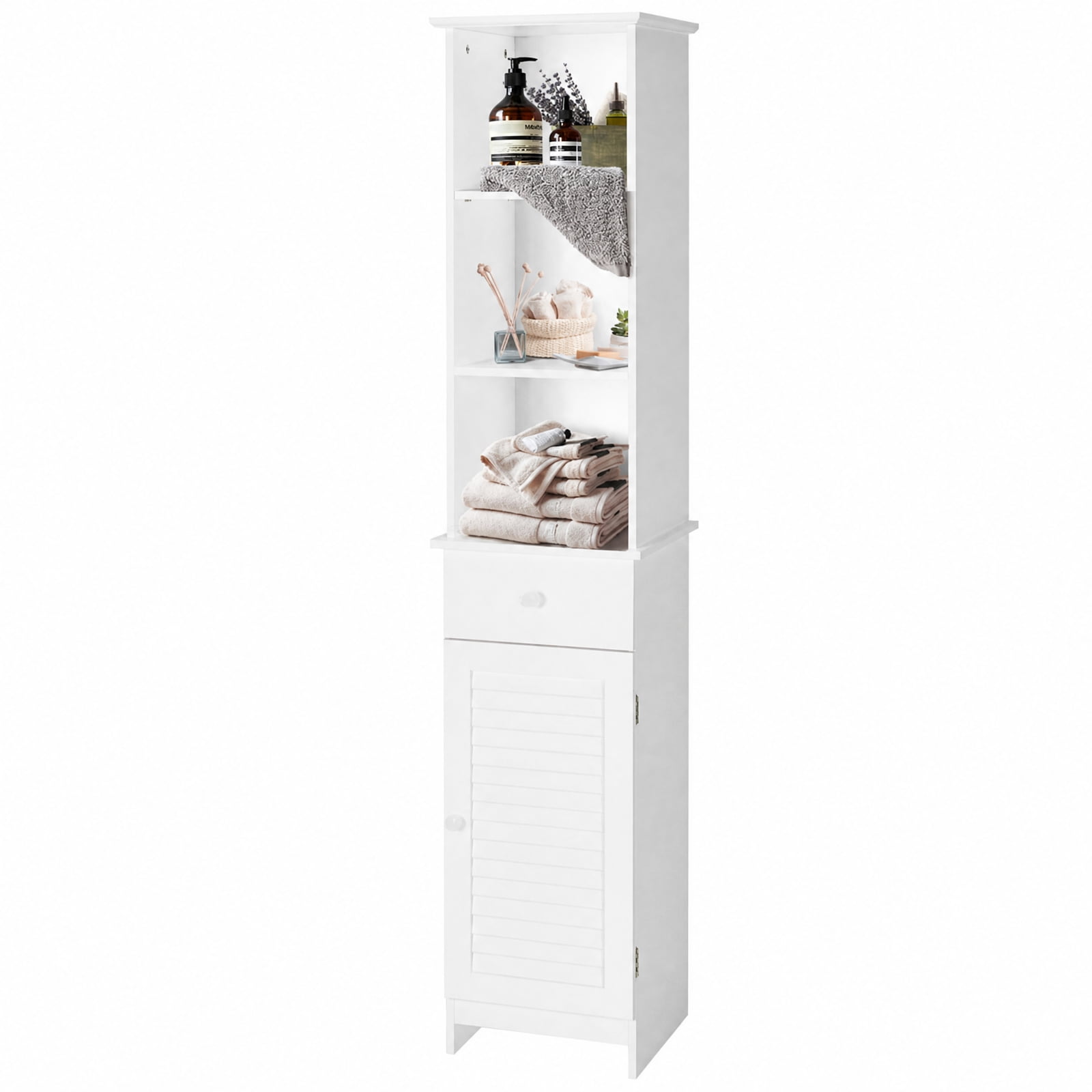 Vebreda Tall Freestanding Bathroom Storage Cabinet with Drawer, Door & 3 Open Shelves, Narrow Linen Tower Organizer with Adjustable Shelving for Bathroom, White