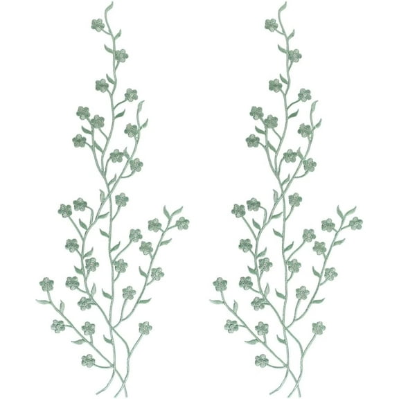 2Pcs Green Plum Blossom Applique Flower Patch Repair Embroidered Floral Lace Patches Fabric Sticker Iron on Sew on Embroidery Embellishments for DIY Clothes Dresses Craft Accessories Decor