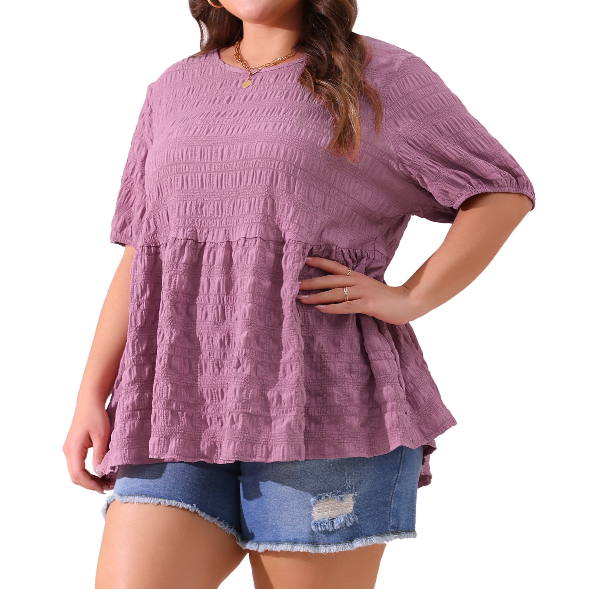 Women's Plus Babydoll Tops Crewneck Short Sleeve Loose Fit Flowy Blouse 3X Purple