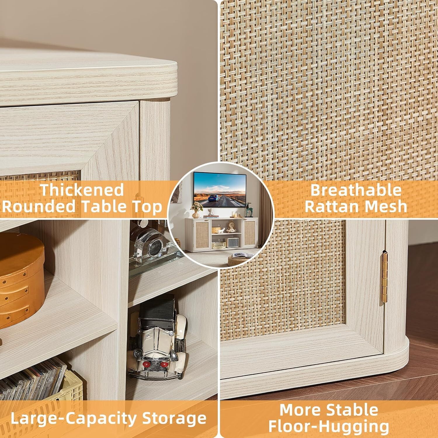 LEYAOYAO Rattan TV Stand for Tvs up to 65 inch, Wood Media Console for Living Room, Grey Oak
