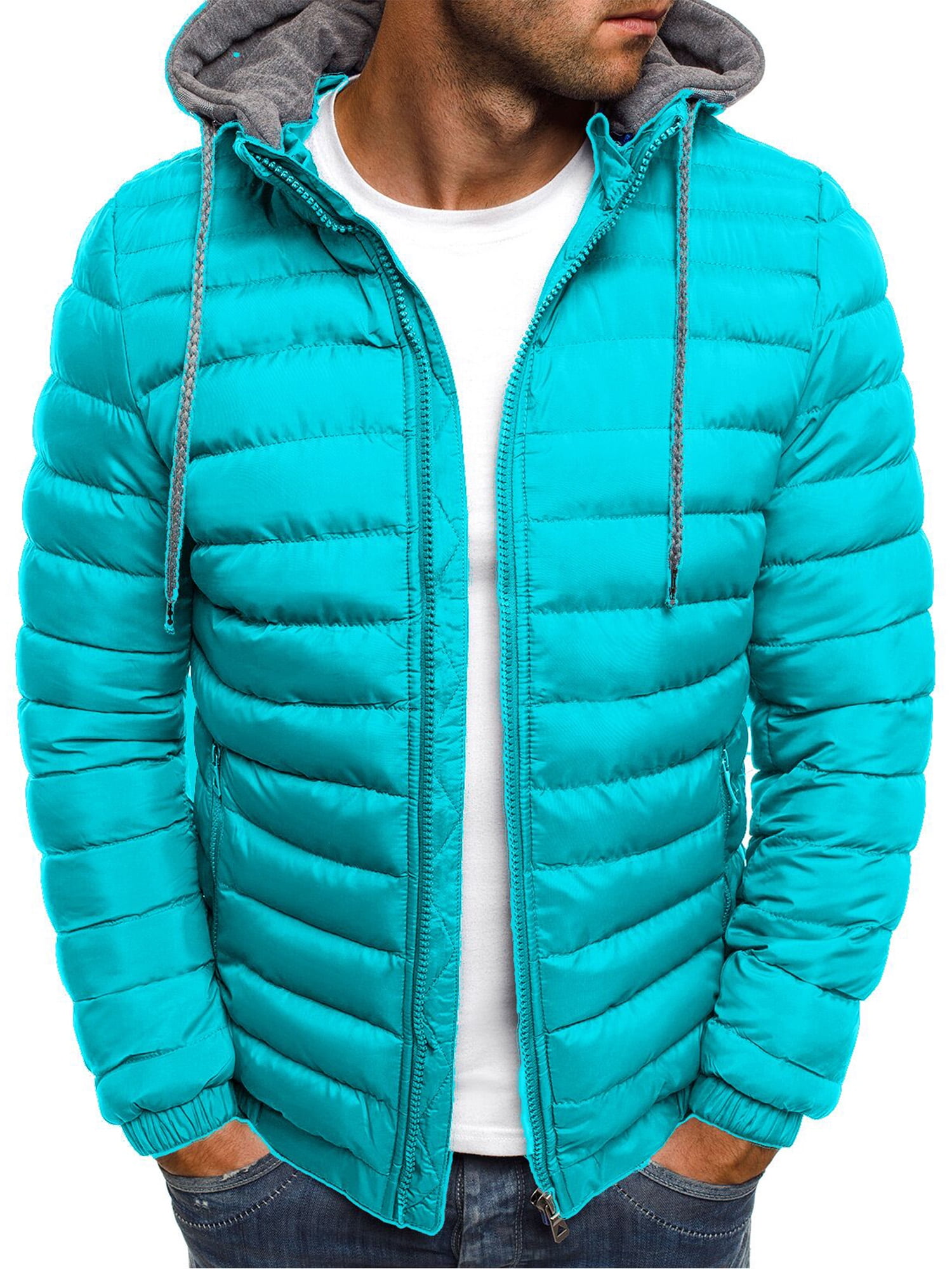 Men's Winter Thicken Puffer Hooded Jackets Leisure Solid Color Long Sleeve Zip Up Hoodies Lightweight Comfy Warm Coat