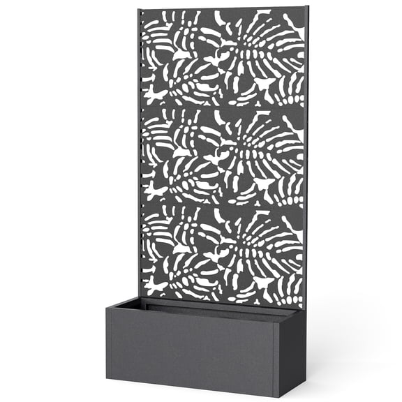 Metal Planter Box with Trellis, 71" Tall Raised Garden Bed with Privacy Screen and Drainage Holes, Banana-Leaf Cut-Outs