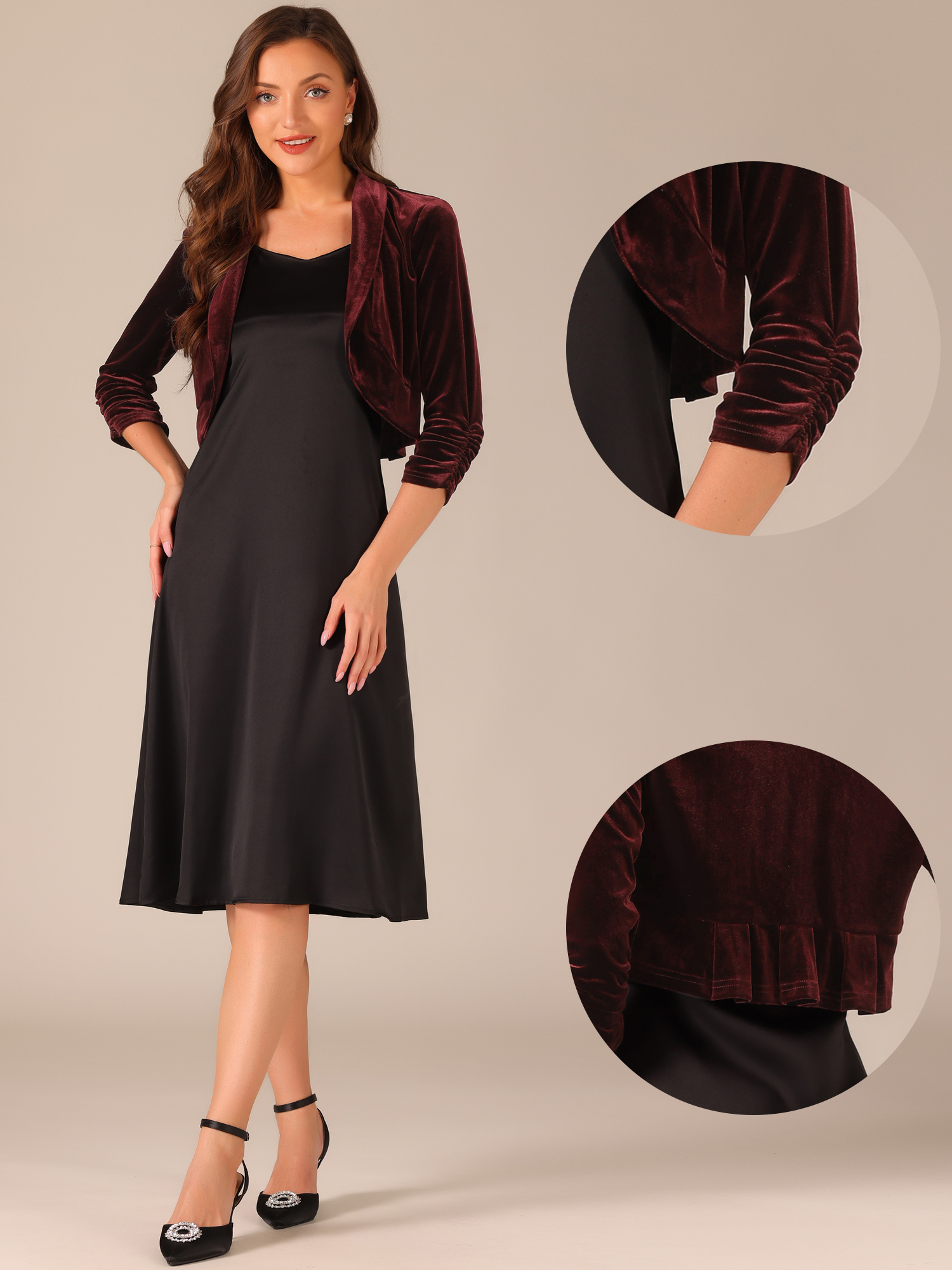 DARING DIVA Women's 3/4 Sleeve Velvet Shrug Open Front Bolero Cropped Cardigan Top S Burgundy