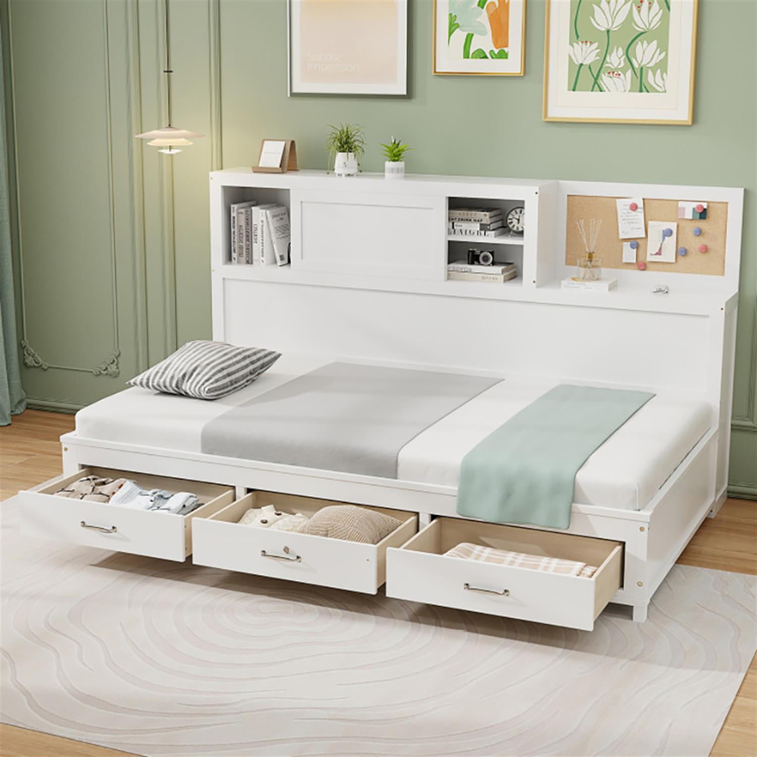 Demi Bonn Full Size Wooden Daybed with 3 Drawers with Storage Shelves, Modern Wooden Bed Frame for Teens, White