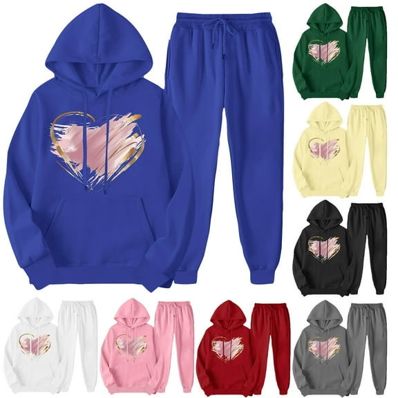 USSUMA Women Sweatsuits 2 Piece Set Women Hoodie Long Sleeved Pullover Sweatpant Outfits Pocket Drawstring Print Tracksuit Stretchy Waist Trendy Jogger Sets Plus Size Outdoor Fall Suit