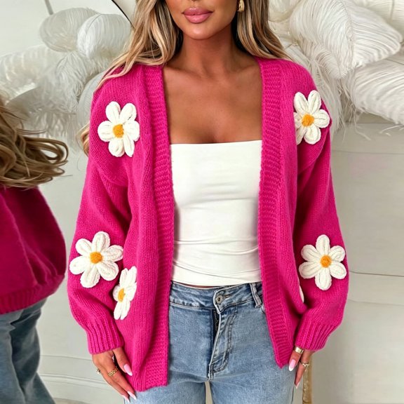 Womens Open Front Knit Cardigan 3D Daisy Floral Applique Long Sleeve Loose Fit Solid Color Casual Knitted Sweater Coat Pink 2XL