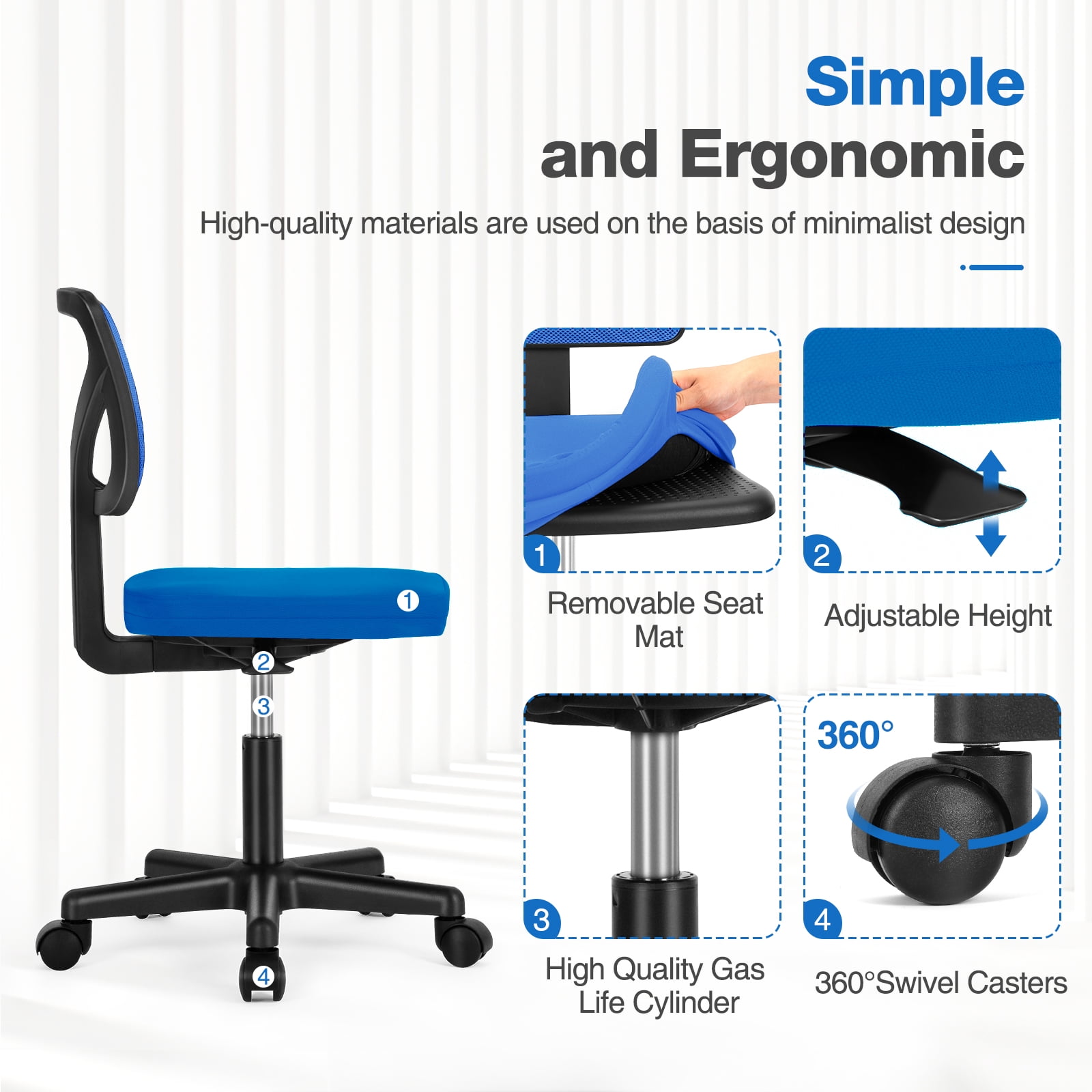 edx Home Office Desk Chair, Armless Mesh Computer Chair Small Space Swivel Adjustable Low Back Task Chair for Teens/Adults, Blue