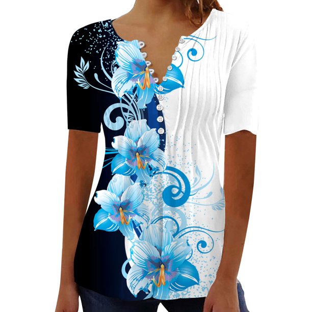 Tops de Algodón para las Mujeres Impreso en V-Cuello Botón Arriba Blusa de Manga Corta, Ligera Imitación Top Casual