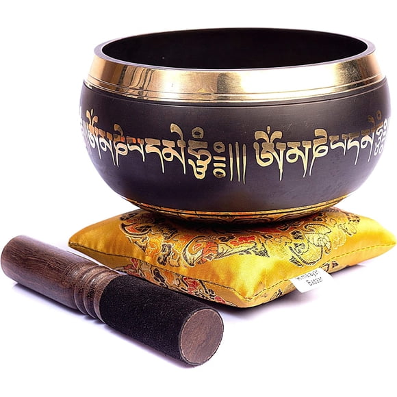 Juego de cuencos tibetanos para cantar en bronce en el bazar del Himalaya con arte Thangka