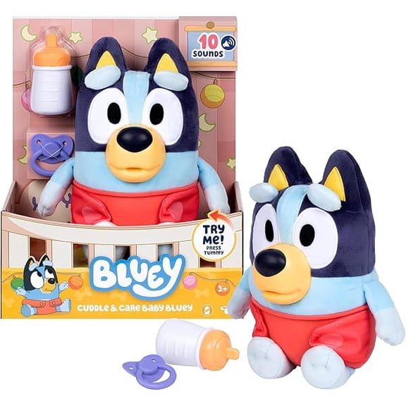 Bluey Care and Cuddle Soft Baby Toy Plush, 11”, Interactive Electronic Baby Plush Toy with 10 Different Sounds, Cuddly Soft Toys for Ages 3 