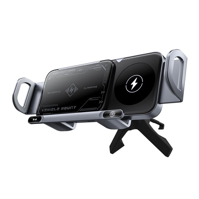 Soporte para Celular Carga Rápida Giratorio Automático Cargador Inalámbrico 15W Bobina Dual Un Touch Rotatable Pantalla Plegable