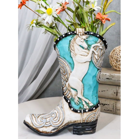 Western Blue and White Prancing Horse Cowboy Cowgirl Boot Vase Planter Figurine