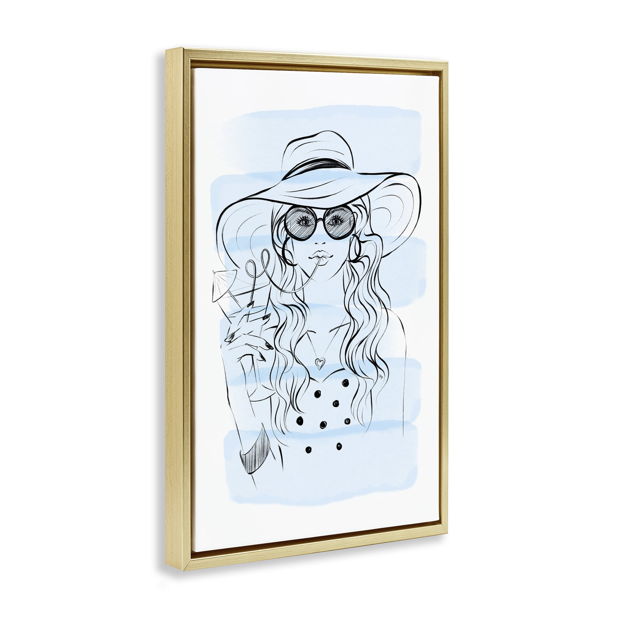 Stupell Industries Sipping Drink Girl in Sun Hat Gold Framed Floater Canvas Wall Art, design by Martina Pavlova