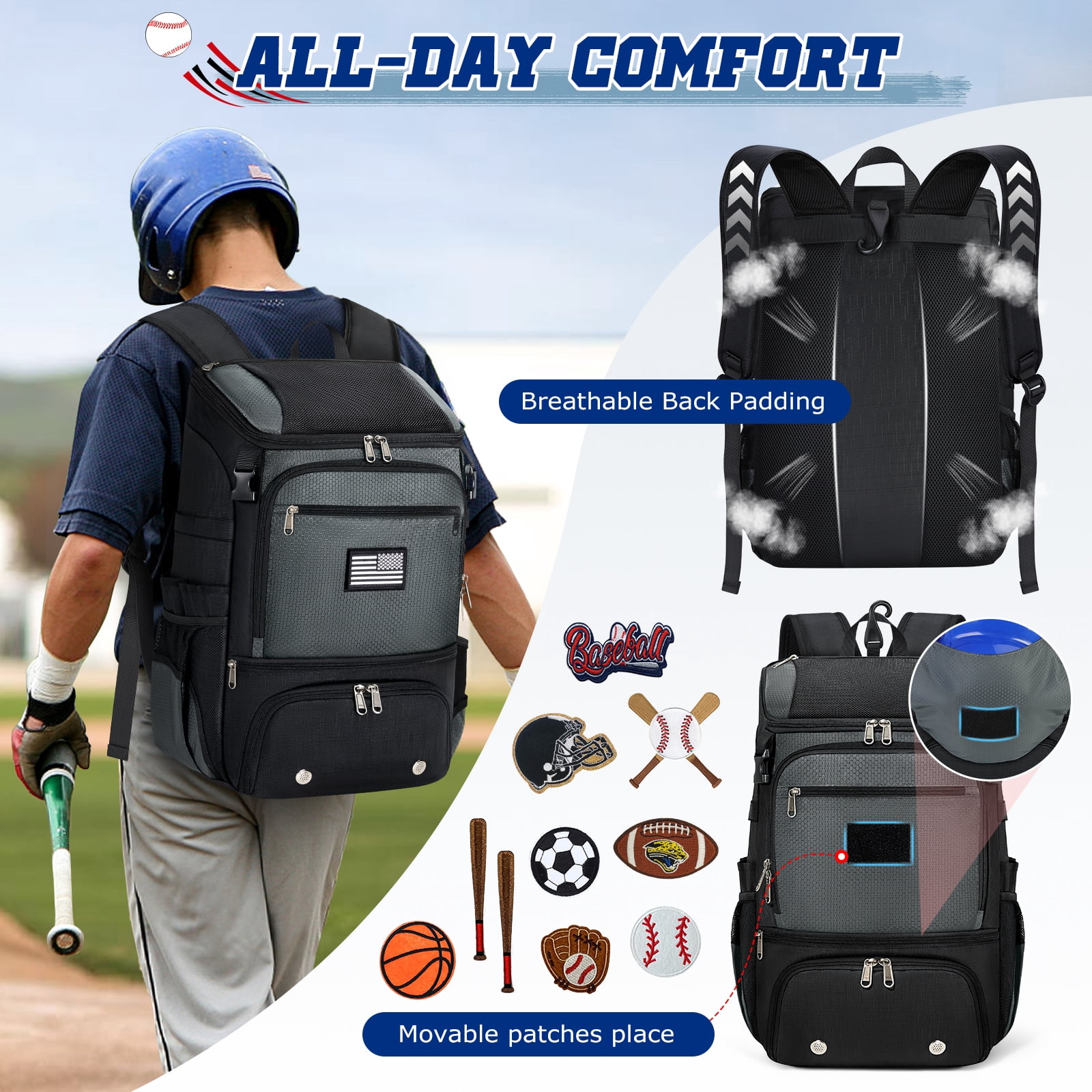 RAINSMORE Baseball Backpack, Lightweight Softball Bat Bag with Shoe Compartment, Fence Hook & Helmet Holder, Sports Gear Backpack for Youth Adult T-Ball Softball,Gray