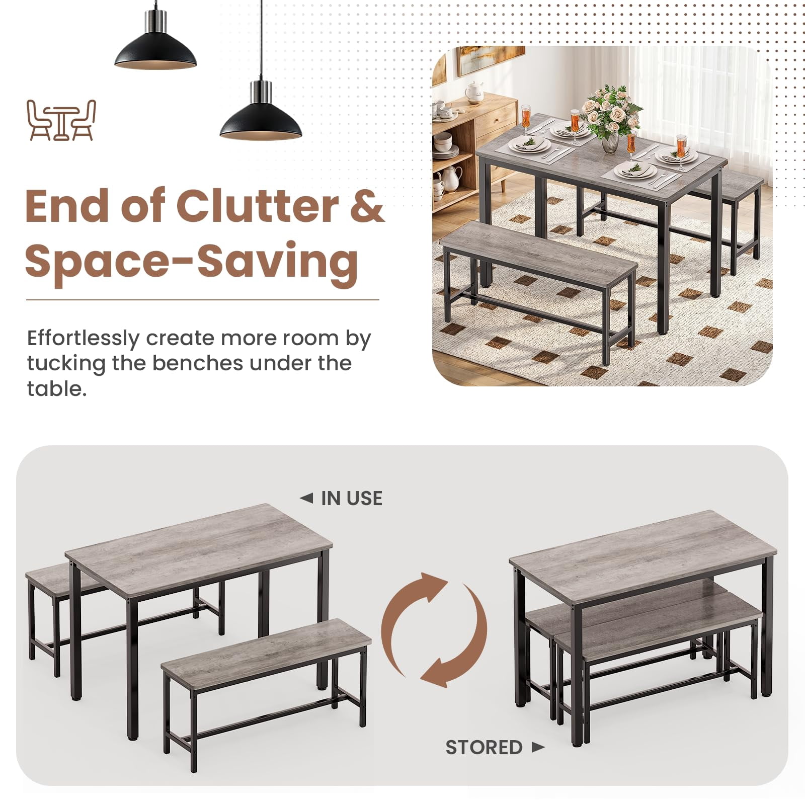 3 Piece Dining Room Table, Kitchen Dining Table Set with 2 Benchs for Apartment Breakfast Nook and Samll Space, Grey