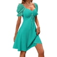 thumbnail image 4 of Womens Summer Sweetheart Neck Short Puff Sleeve Mini Drawstring Casual Slim Flowy Dress Sundress, 4 of 6